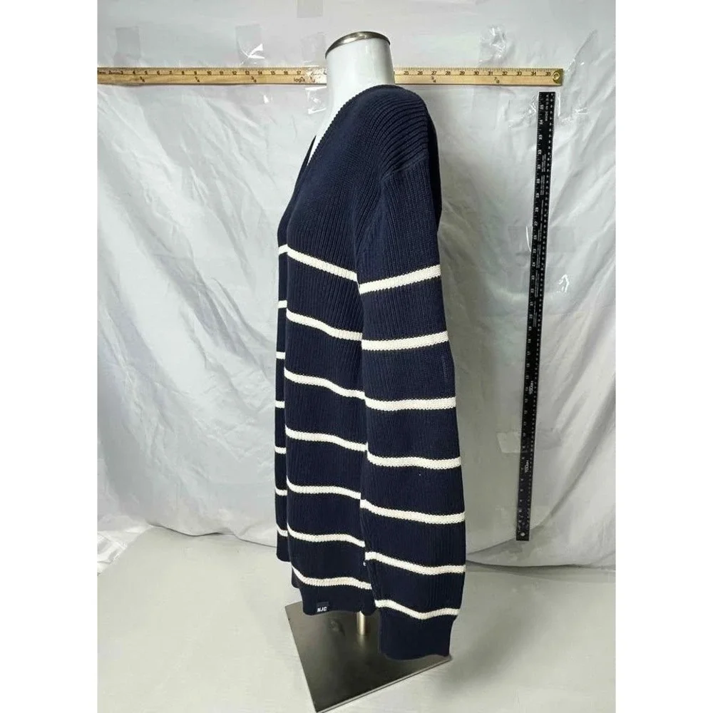 Nautica Jeans Co Mens XXL Navy Blue White Striped‎ Ribbed V-Neck Cotton Sweater
